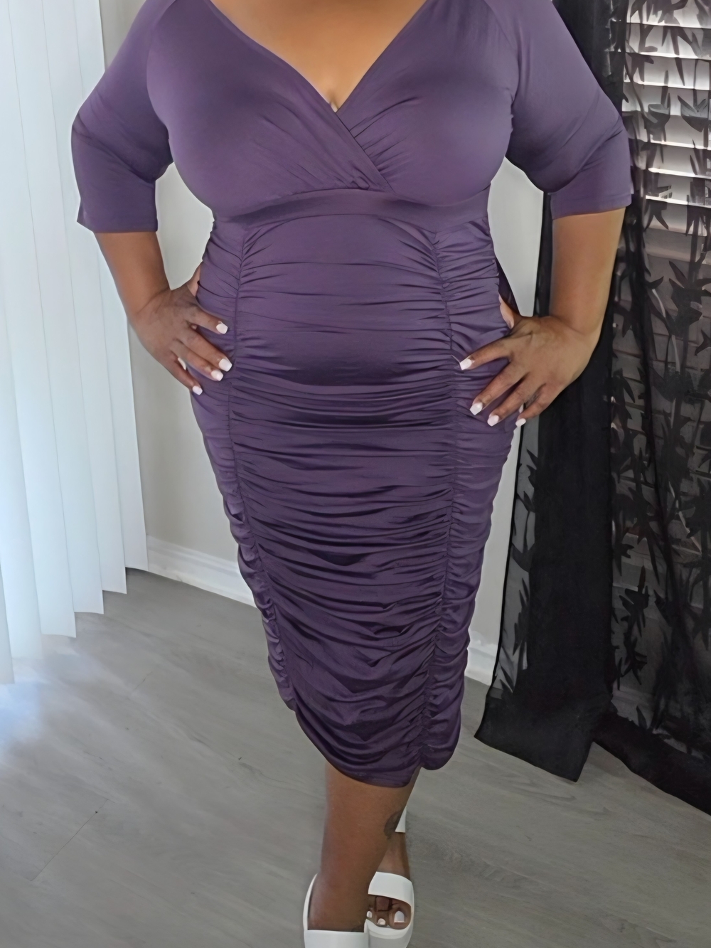 Plus-Size Purple Ruched V-Neck Midi Dress